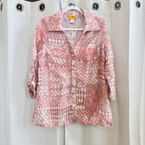 Ruby Rd Womens Top Linen Blend Geometric Burnout Oversized 10 Pink Beachy 19681